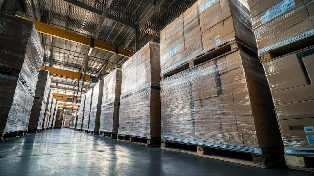 Pallets in warehouse ready to be unpacked from container