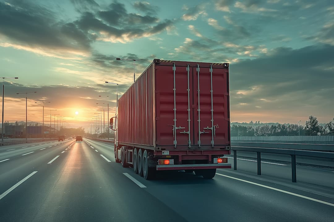 Truck on highway providing shipping container transport