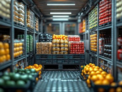 Cold chain refrigeration logistics truck containing fresh produce.