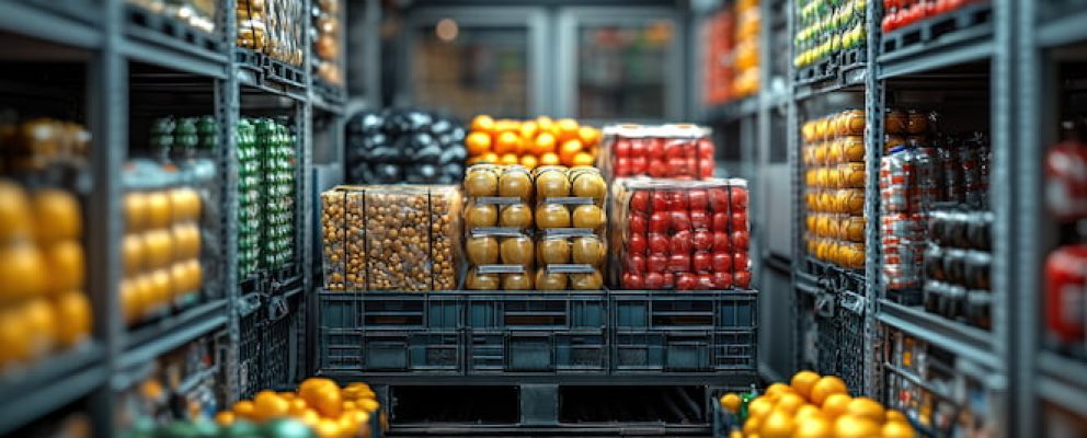 Cold chain refrigeration logistics truck containing fresh produce.